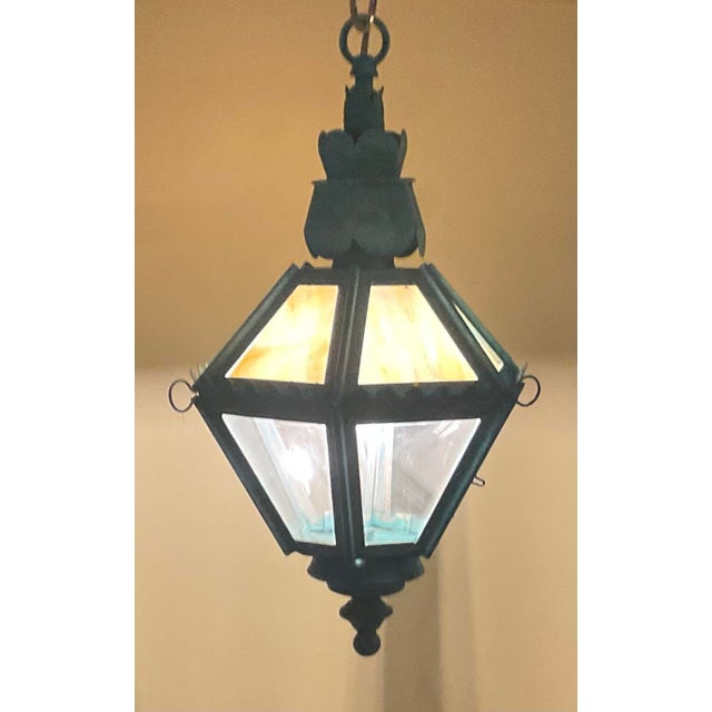 Vintage Verdigris Patina Lantern – Art Glass Hanging Chandelier/ Pendant For Sale In Miami - Image 6 of 16