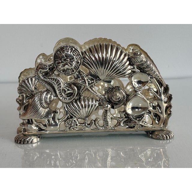 Vintage Godinger Seashell Seahorse Starfish Napkin Holder Silver Plate For Sale - Image 4 of 8