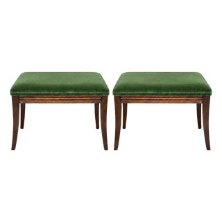 Mid-Century French Louis XVI Style Walnut & Green Velvet Ottomans - Pair For Sale