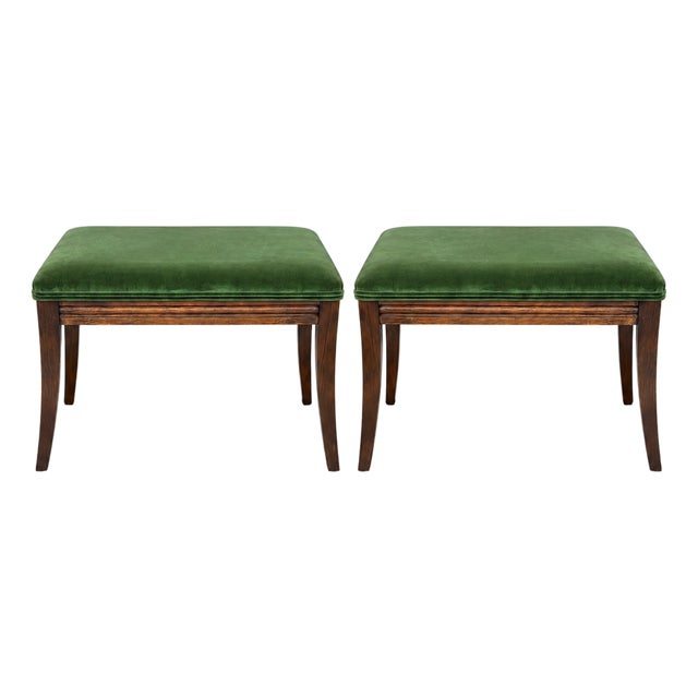 Mid-Century French Louis XVI Style Walnut & Green Velvet Ottomans - Pair For Sale