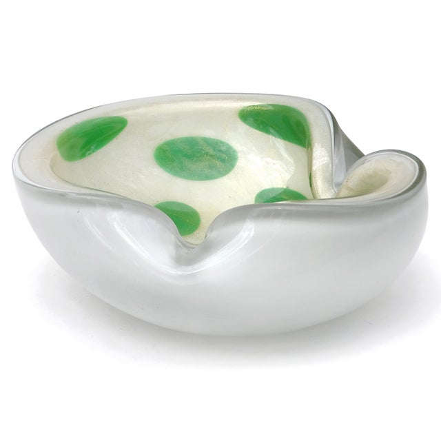Vintage Murano Barbini Green Spots Gold Flecks White Italian Art Glass Folded Rim Ashtray Bowl Dish For Sale - Image 9 of 10