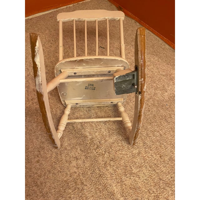 1970s Vintage White Wooden Children’s Nursery Rocking Chair With Black Etching and Music For Sale - Image 11 of 11