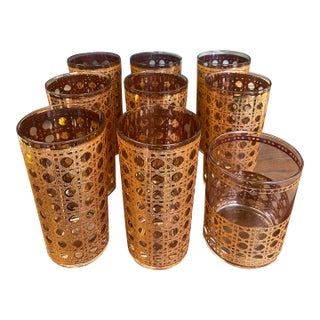 Mid-Century Modern 1960s Gold-Toned Filigree Highball & Lowball Glassware Set - Set of 9 For Sale