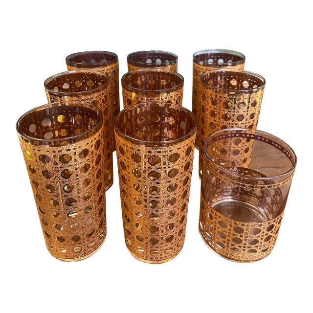 Mid-Century Modern 1960s Gold-Toned Filigree Highball & Lowball Glassware Set - Set of 9 For Sale