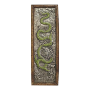 Chinese Silver Metal Relief Green Enamel Painted Dragon Panel in Wood Frame