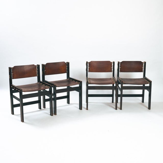 Mid-Century Modern Set of Vintage Brutalist Chairs in Hideleather and Wood For Sale - Image 3 of 18