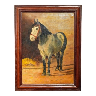 Large Country Antique Horse Equestrian Portrait Oil Painting, Framed For Sale