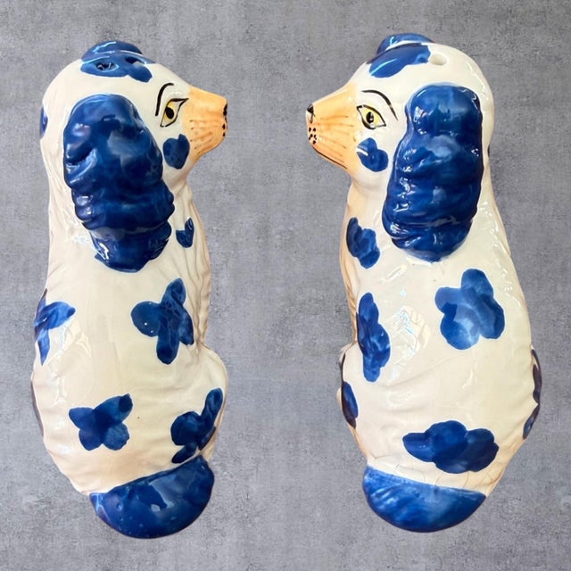 Traditional Vintage Blue White Staffordshire Spaniel Dog Salt Pepper Shakers Ceramic Pair⁠ For Sale - Image 3 of 8