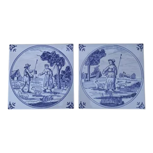 Antique Dutch Delft Style Craftsmen Blue and White Tiles, Pair
