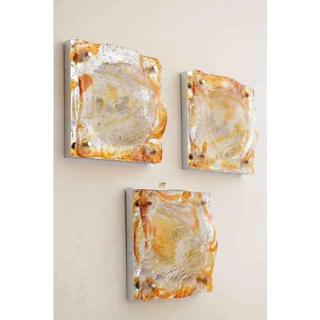 Mid-Century Modern Murano Mazzega Square Glass Sconces Set of 6 Amber, Orange, Clear and Chrome For Sale - Image 3 of 7