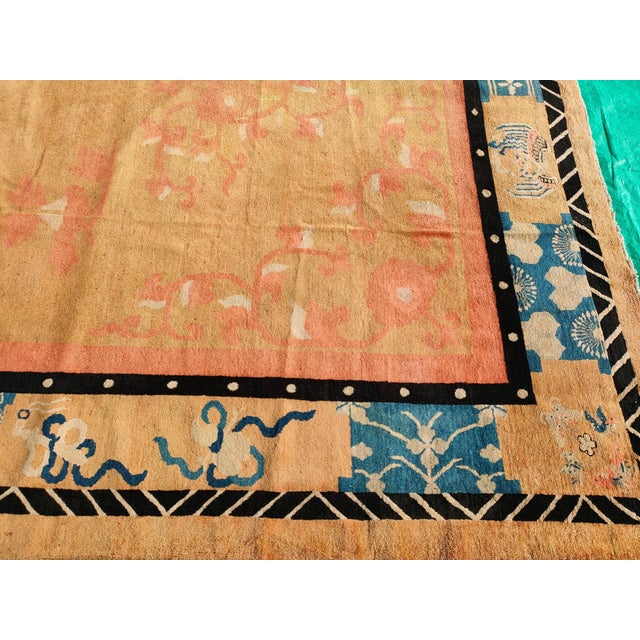 Outstanding Orange-Amber Open Field With Asymmetric Details in a Floral Pattern Antique Chinese Peking Rug For Sale In New York - Image 6 of 8