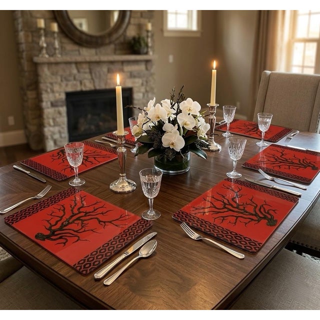 Red Italian Lacquered Coral-Motif Placemats - Set of 6 For Sale - Image 8 of 11
