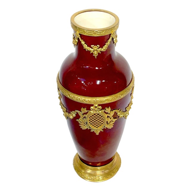 Paul Milet for Sevres Red Flambe Ormolu Mounted Neoclassical Vase For Sale