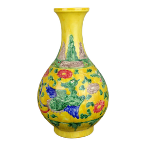 Chinese Vintage Ceramic Vase,Ming Dynasty Yongle Marked Yellow Ground Famille Verte Porcelain Yuhuchun Vase With Dragon Phoenix Relief