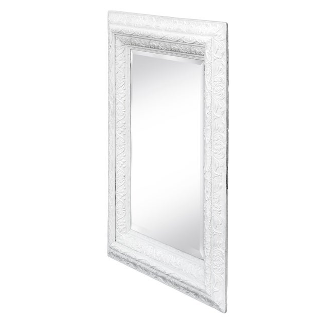 Classic antique Victorian hand crafted wide ornate gesso frame, hand painted in ivory frame with a new beveled mirror. The...