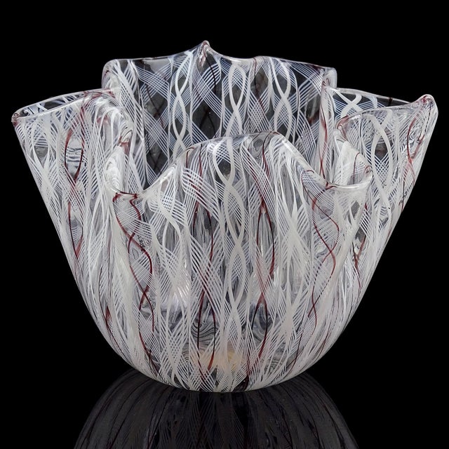 Beautiful vintage Murano hand blown white and purple ribbons Italian art glass fazzoletto / handkerchief vase. The piece...
