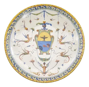 Large Majolica Display Plate with Decor and Central Noble Coat of Arms, Italy