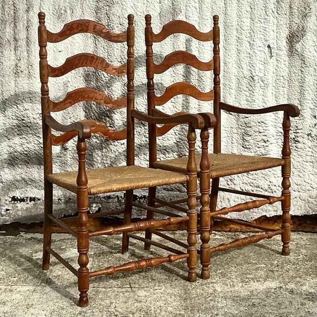 Vintage Coastal Ladderback Rush Seat Chairs - a Pair For Sale In West Palm - Image 6 of 7