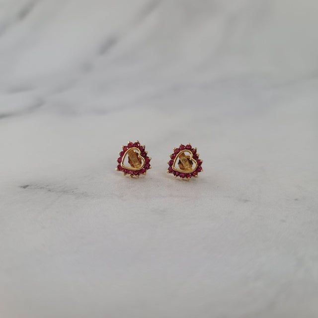 Contemporary Ruby Heart Shaped Cutout Studs 1.00cttw 14k Yellow Gold, 2 Pieces For Sale - Image 3 of 4