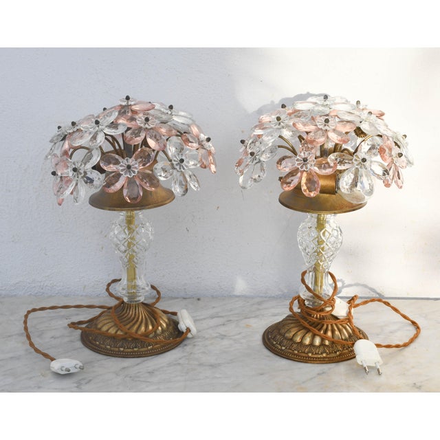 Glass Set of 2 Larg Table Lamp Crystal Glass Flower Pink and Crystal, Brass Base, 1960 For Sale - Image 7 of 11