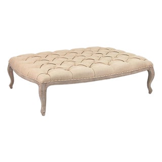 Maison Tufted Ottoman with Cabriole Legs - Natural Hemp Linen / Weathered Oak Frame For Sale
