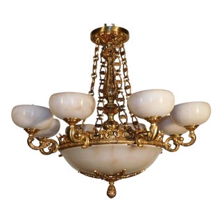 Vintage Monumental 8 Arm 8 Lite Heavy Brass & Alabaster Chandelier 38" W X 34" T For Sale
