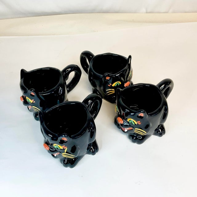 1990s Vintage Art Deco Majolica Halloween Black Cat Coffee Mugs - Set of 4 For Sale - Image 6 of 12
