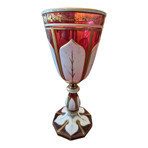 Antique Bohemian Glass Tall Pink Overlay Goblet