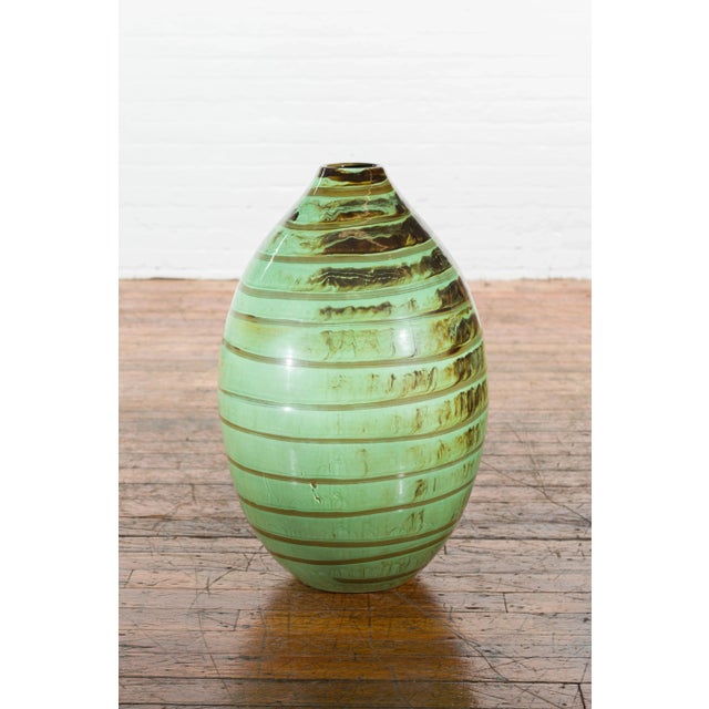 Artisan Contemporary Green and Brown Glaze Ceramic Vase with Spiral Decor For Sale - Image 12 of 13