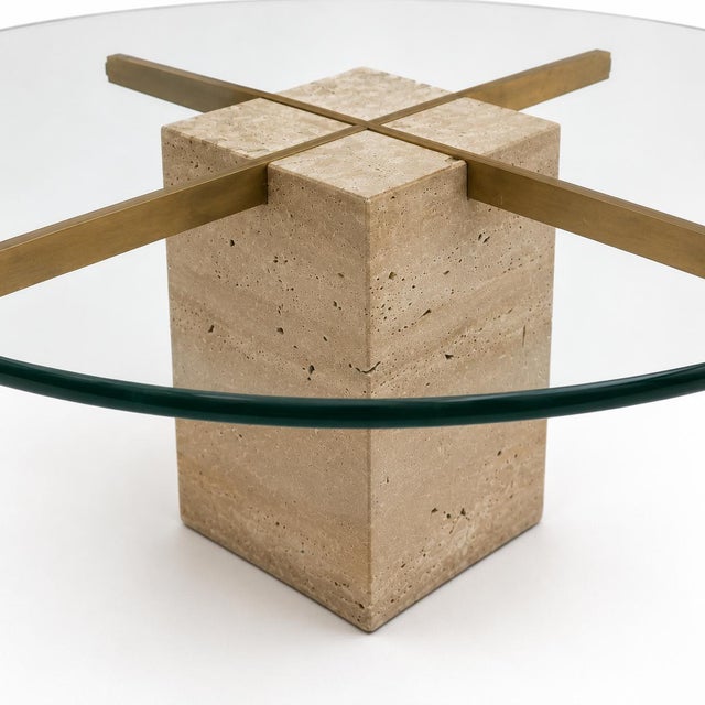 Vintage Round Travertine and Brass Coffee Table with Glass Top For Sale - Image 3 of 7