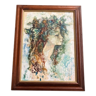 1960’s Original Abstract Female Portrait Painting Vintage Wood Frame Signed For Sale