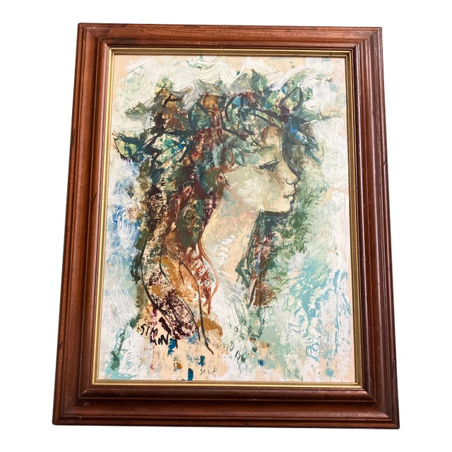 1960’s Original Abstract Female Portrait Painting Vintage Wood Frame Signed For Sale