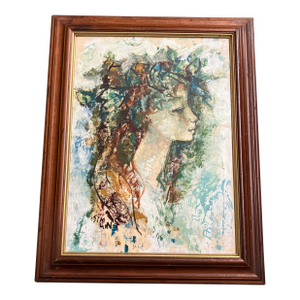 1960’s Original Abstract Female Portrait Painting Vintage Wood Frame Signed