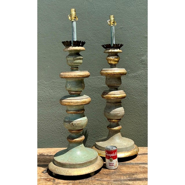 Vintage Italian Gilt Tipped Turned Wood Lamps - Pair For Sale - Image 15 of 17