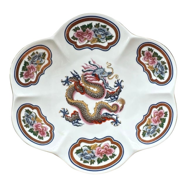 1980s Chinoiserie Porcelain Dragon Tray - 11” For Sale