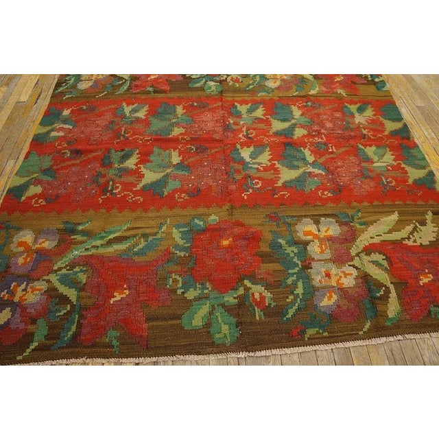 1900 - 1909 1900s Red Raspberry Floral Antique Kilim European Besserabian Flat-Weave 6'7''x 7' Wool Carpet Rug For Sale - Image 5 of 12