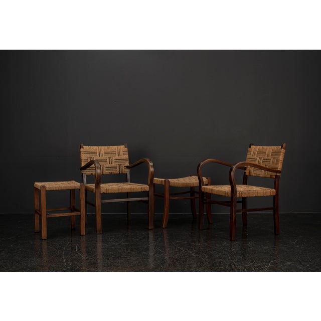 Bauhaus Set of Scandinavian Chair and Ottoman attributed to Axel Larsson for Bodafors, Sweden, 1930s, Set of 4 For Sale - Image 3 of 18