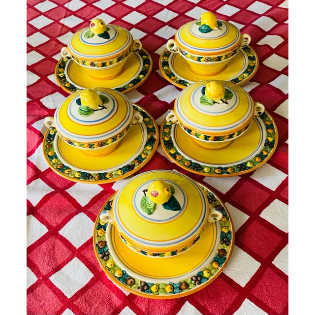 Vintage Italian Farmhouse Majolica Della Robbia Lidded Bowls and Service Plates, Set/7 For Sale - Image 12 of 12