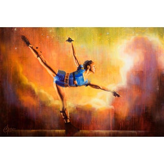Celestial Clouds by Christopher Clark | Oil on wood panel Dancer in a colorful cloud background For Sale