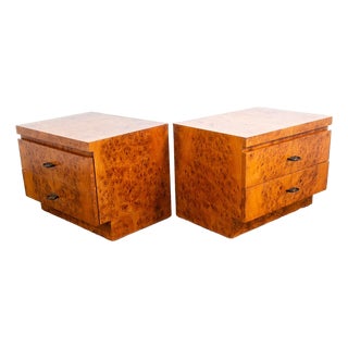 1960s Mid Century Modern Nightstands End Side Set Tables Burl Wood 2 Drawer Pair Brown For Sale