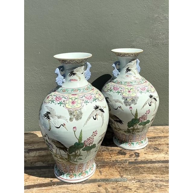 White Vintage Asian Hand Painted Crane Urns - A Pair For Sale - Image 8 of 12