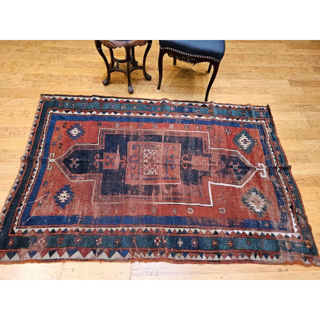 Textile Antique Fachralo Kazak Prayer Rug, Handwoven Wool, Persimmon & Green, 4' x 6' For Sale - Image 7 of 18