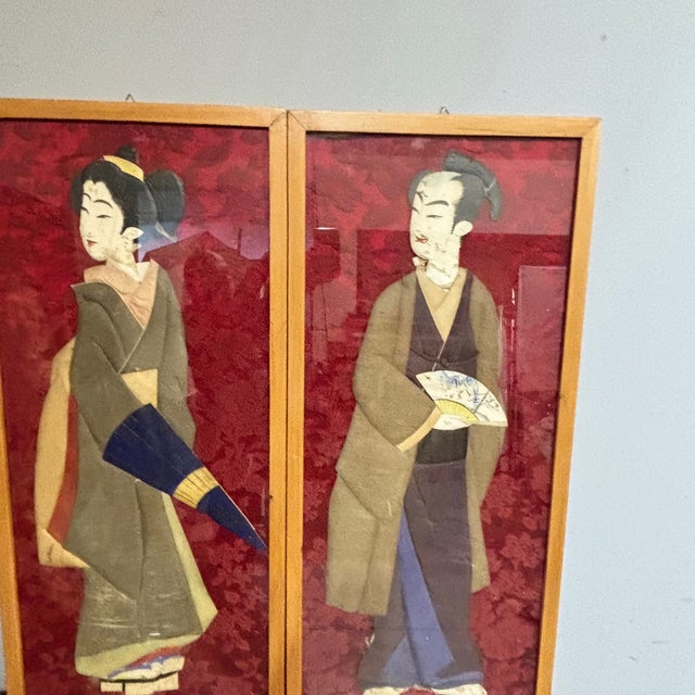 A rare pair of antique panels featuring Japanese figures, painted and dressed in period art deco clothing from the early...