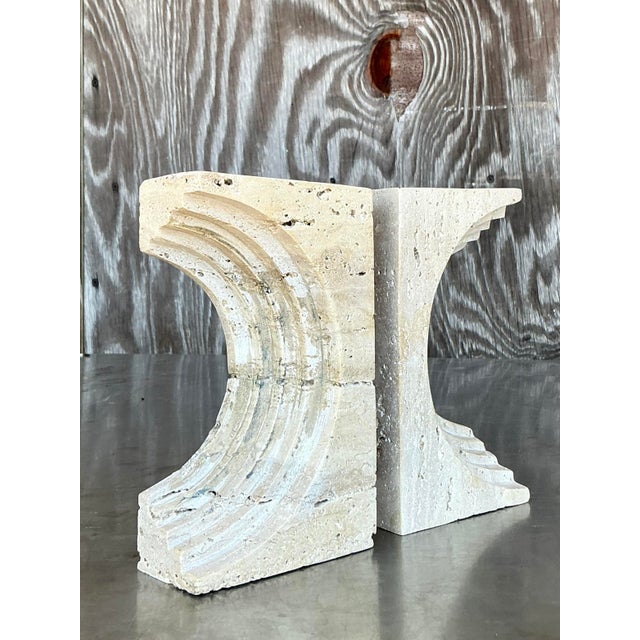 Mid-Century Modern Vintage Boho Sculptural Travertine Bookends - Set of 2 For Sale - Image 3 of 9