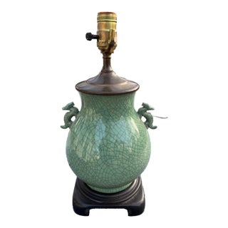 Celadon Crackle Vase MCM Table Lamp With Dragon Handles For Sale