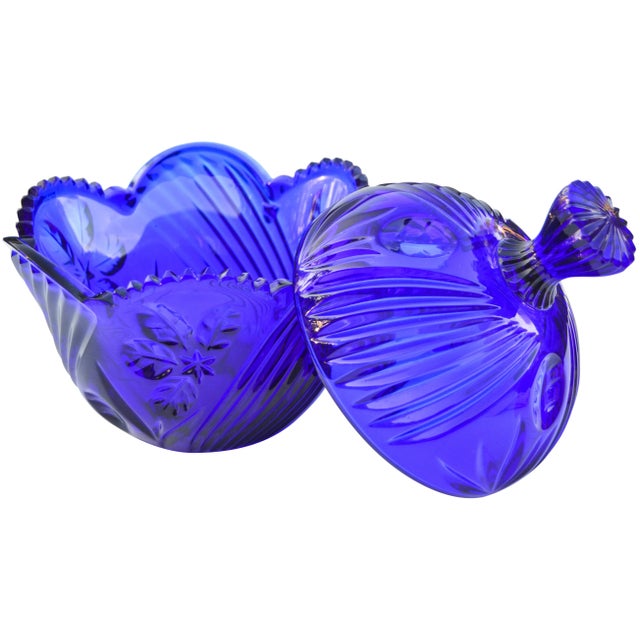 Mid 20th Century Blue Crystal-Cut Lidded Bowl For Sale - Image 4 of 5