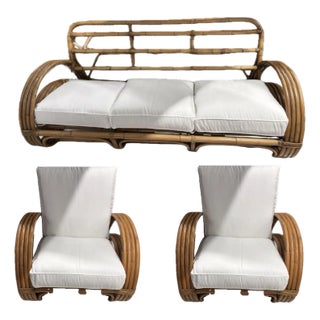 Fully Refurbished, Double Tear-Drop Stacked Rattan Bamboo Sofa and Chair Living Room Set. Mid-Century, Rattan in the Manner of Paul Frankl. For Sale
