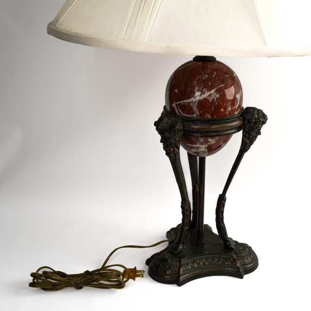 Metal Vintage Neoclassical Athénienne Table Lamp With Red Marble Orb & Pleated Shade For Sale - Image 7 of 17