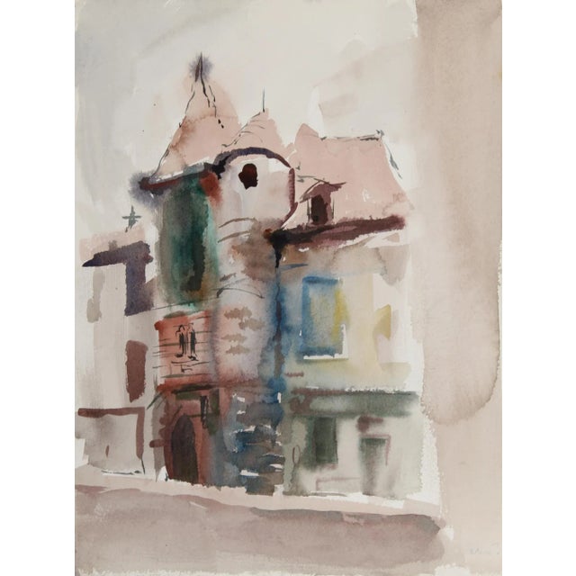 Looking up at a three-story VictorianGothic Revival house, Eve Nethercott's cityscape is rendered in neutral, muted colors...