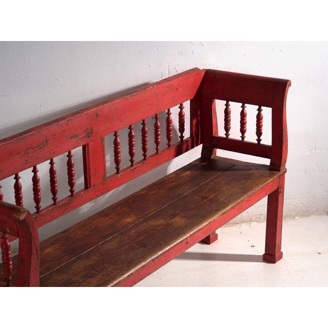 Rustic Antique Painted Pine Bench with Turned Back, Central Europe, 1900 For Sale - Image 3 of 11